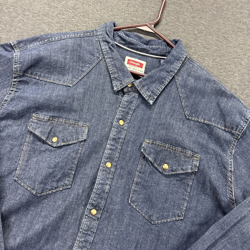 Wrangler Western Shirt Mens 3XL Blue Chambray Pearl Snap Stretch‎ Cowboy Rancher